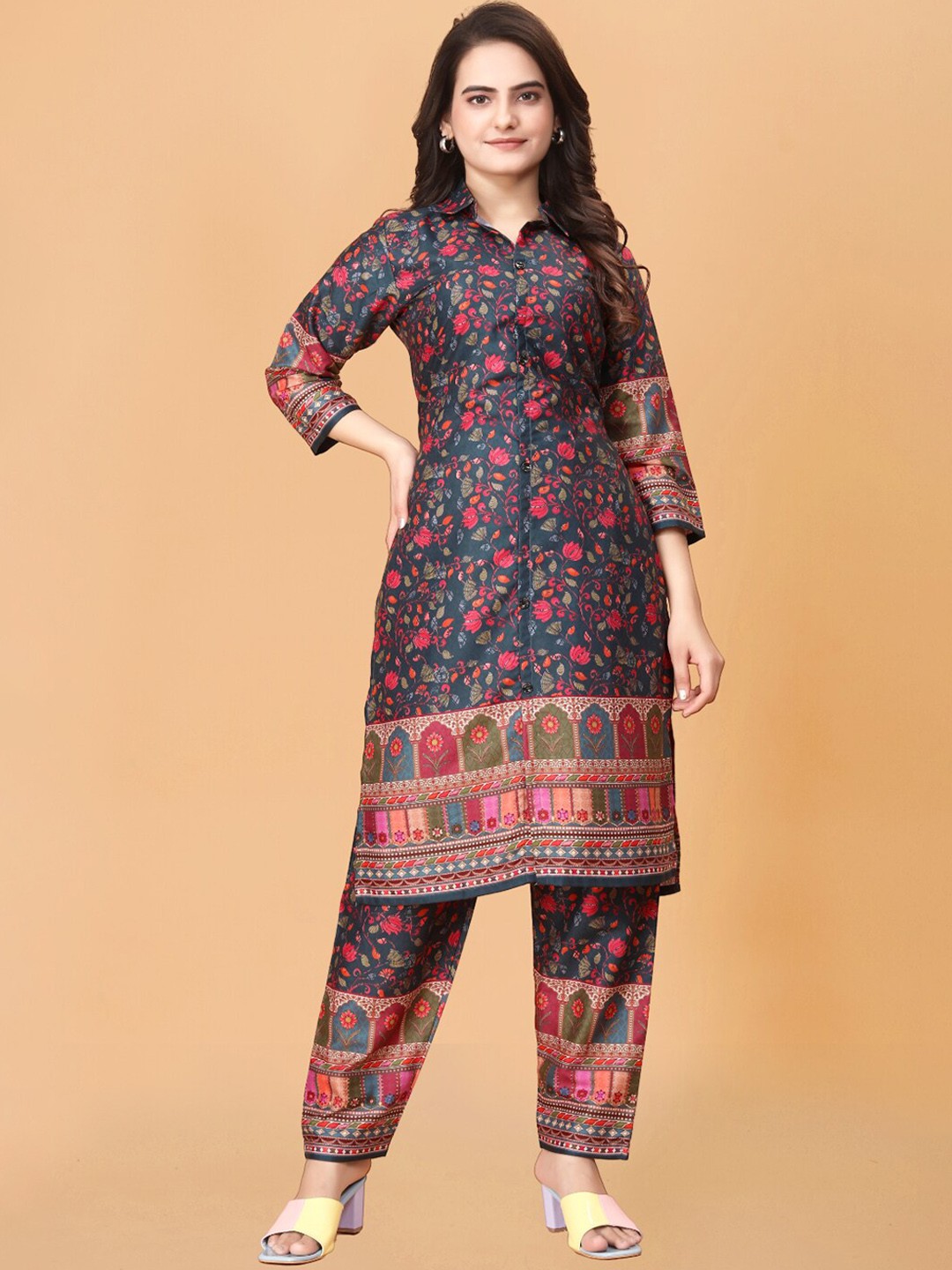 

GoStyle Floral Printed Shirt Collar Pure Cotton Straight Kurta with Salwar, Navy blue
