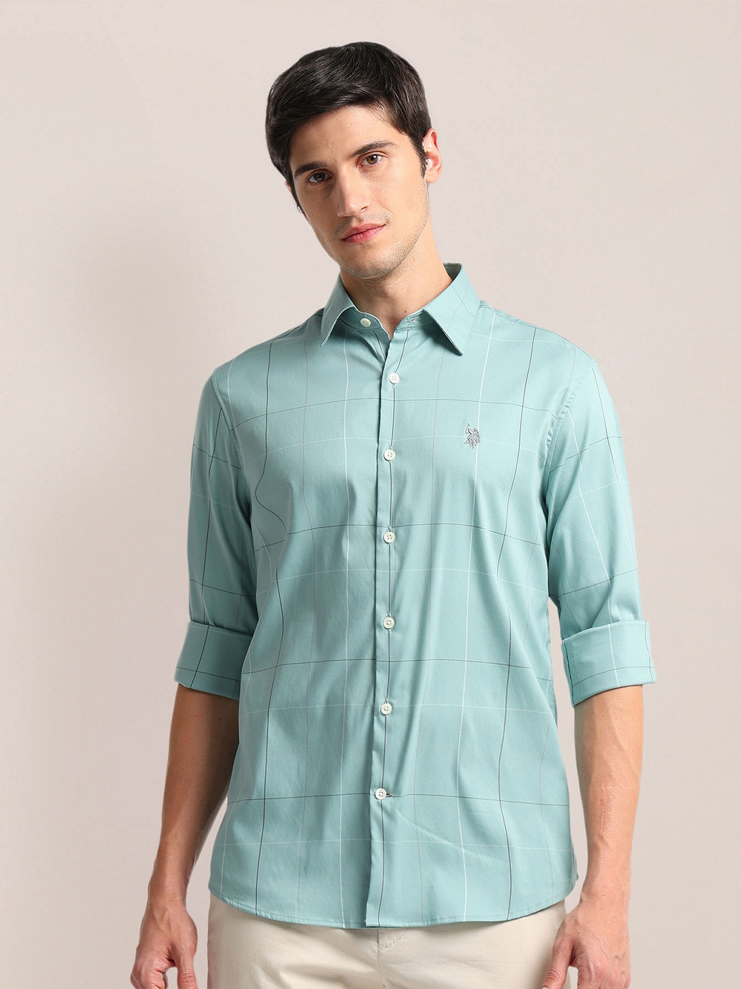 

U.S. Polo Assn. Tailored Fit Windowpane Checked Spread Collar Shirt, Green