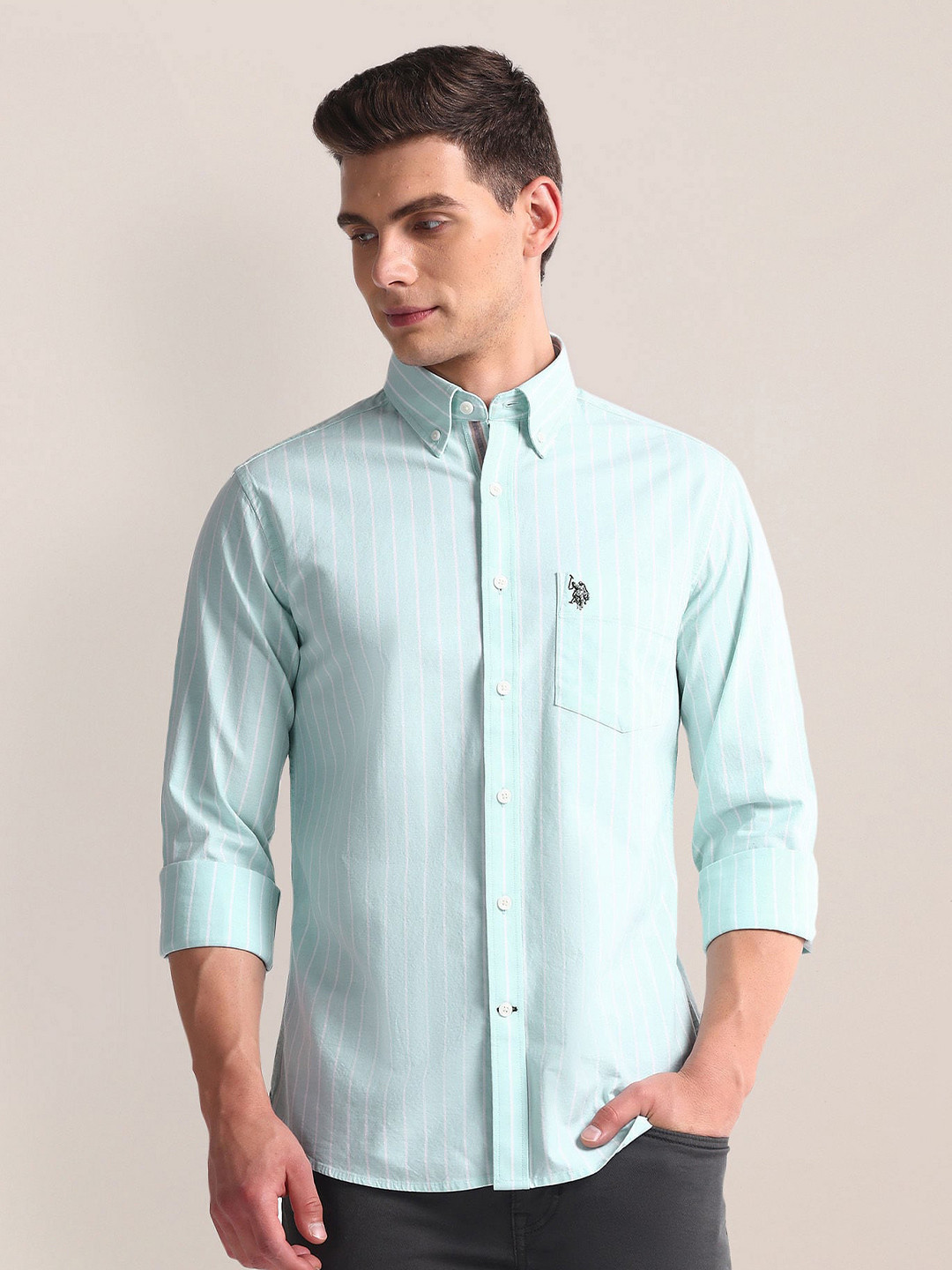 

U.S. Polo Assn. Vertical Striped Button-Down Collar Tailored Fit Shirt, Green