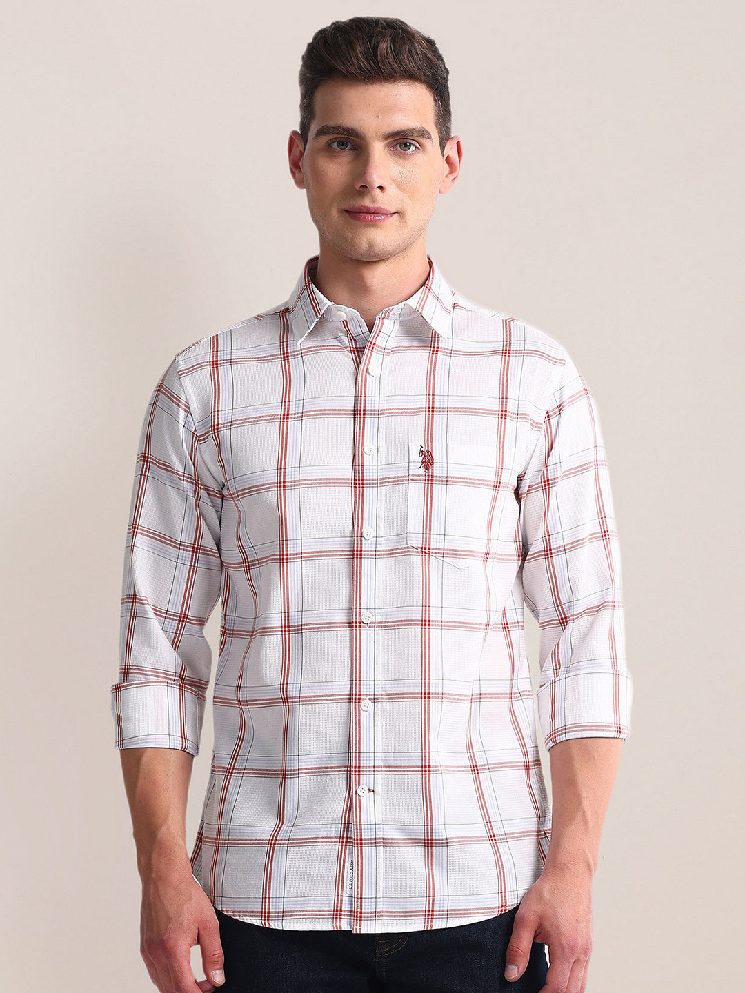 

U.S. Polo Assn. Men Windowpane Checks Opaque Casual Shirt, White