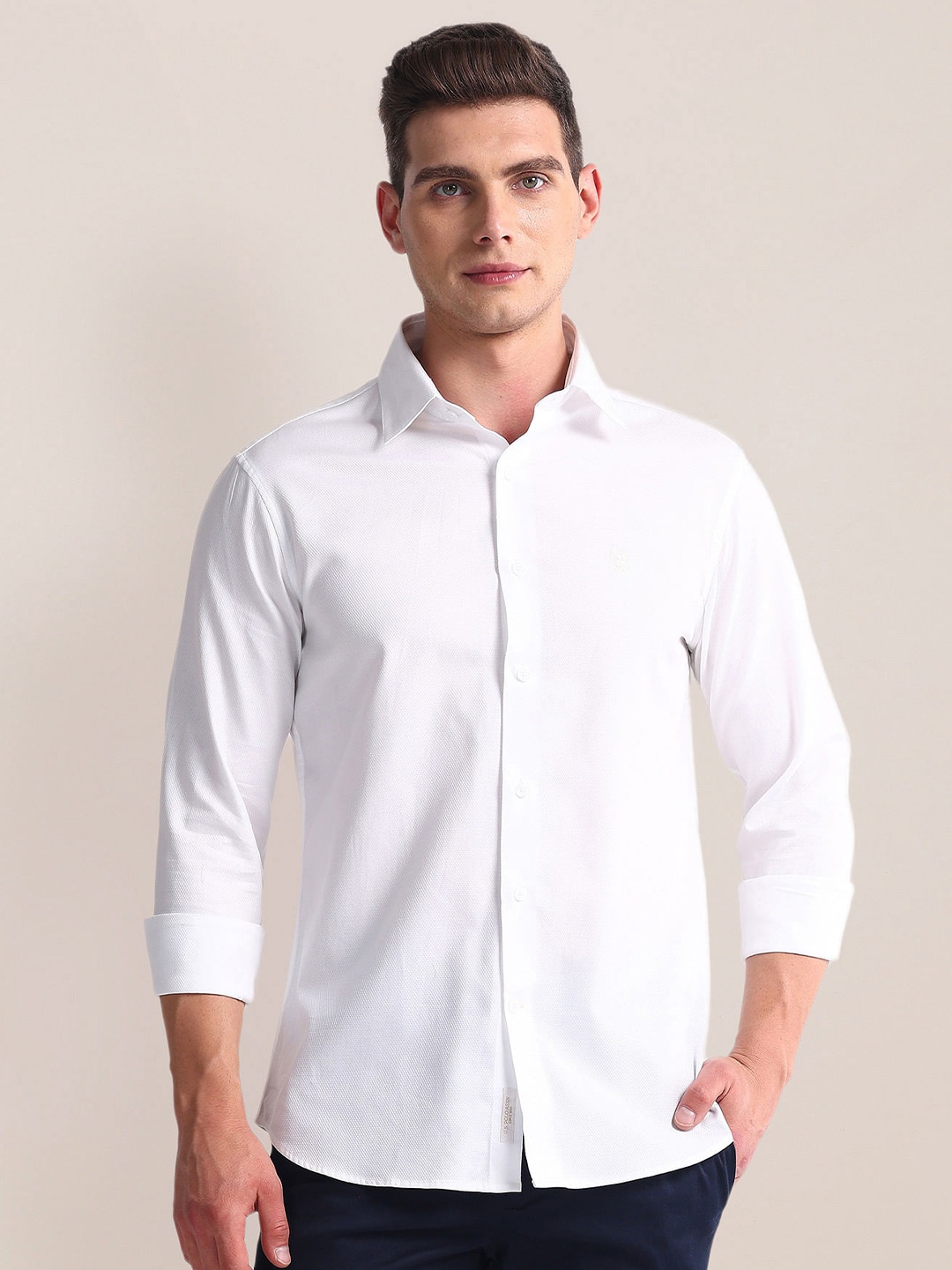 

U.S. Polo Assn.Semi Cutaway Collar Patterned Dobby Shirt, White
