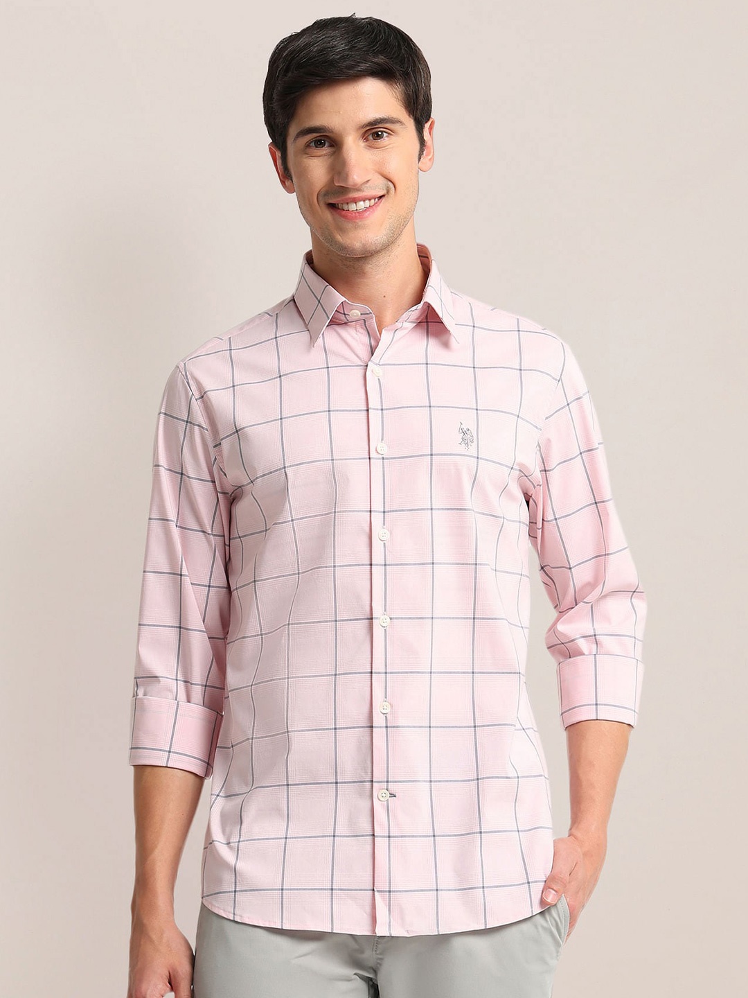 

U.S. Polo Assn. Tartan Checked Semi Cutaway Collar Cotton Casual Shirt, Pink