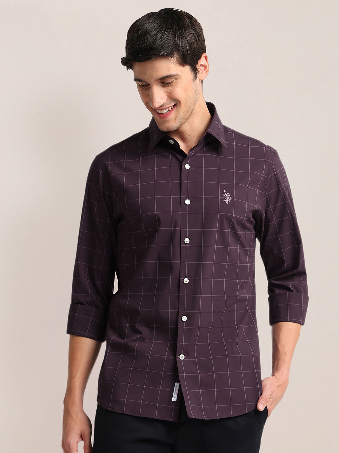 

U.S. Polo Assn. Windowpane Checked Spread Collar Casual Shirt, Purple