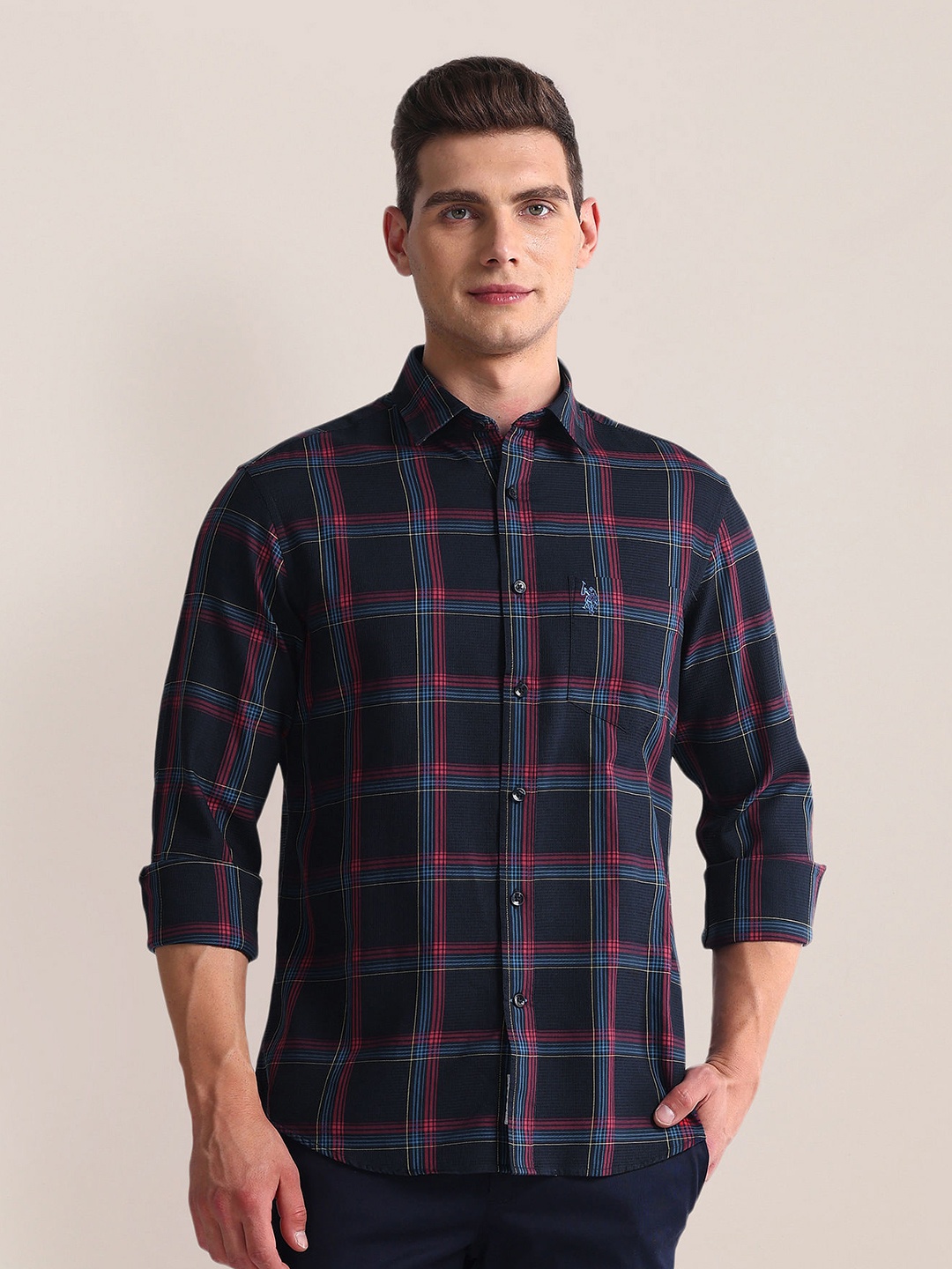 

U.S. Polo Assn. Tartan Checked Spread Collar Twill Weave Shirt, Blue