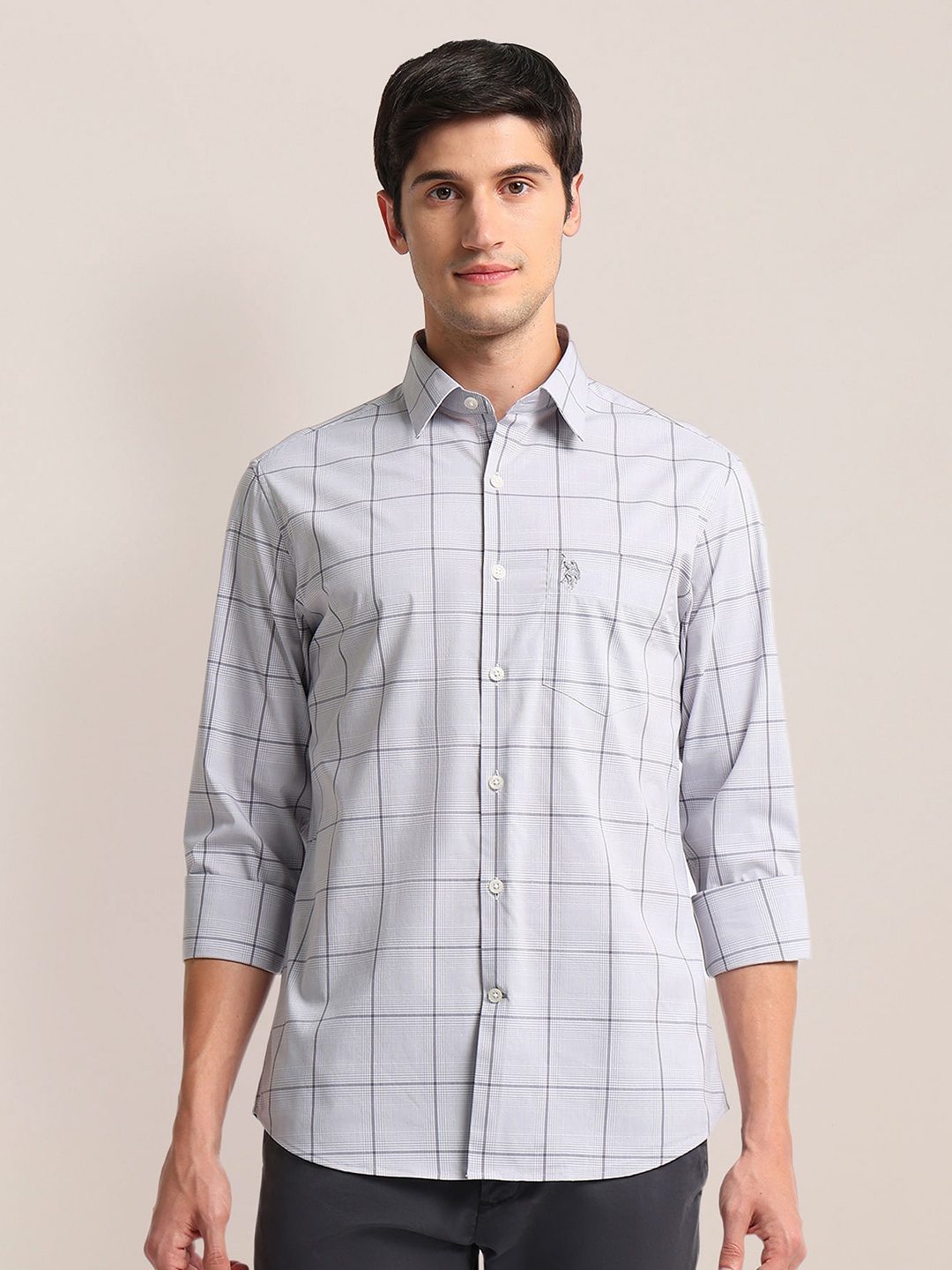 

U.S. Polo Assn. Tartan Checked Semi Cutaway Collar Cotton Shirt, Grey