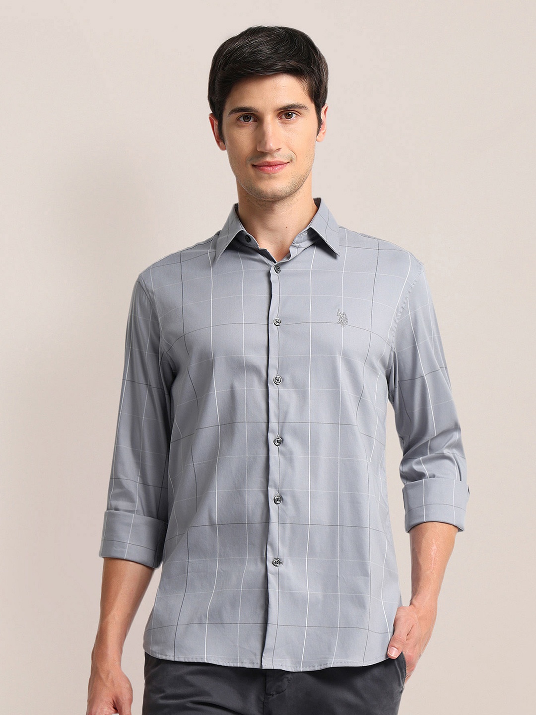 

U.S. Polo Assn. Checked Spread Collar Long Sleeves Tailored Fit Casual Shirt, Grey