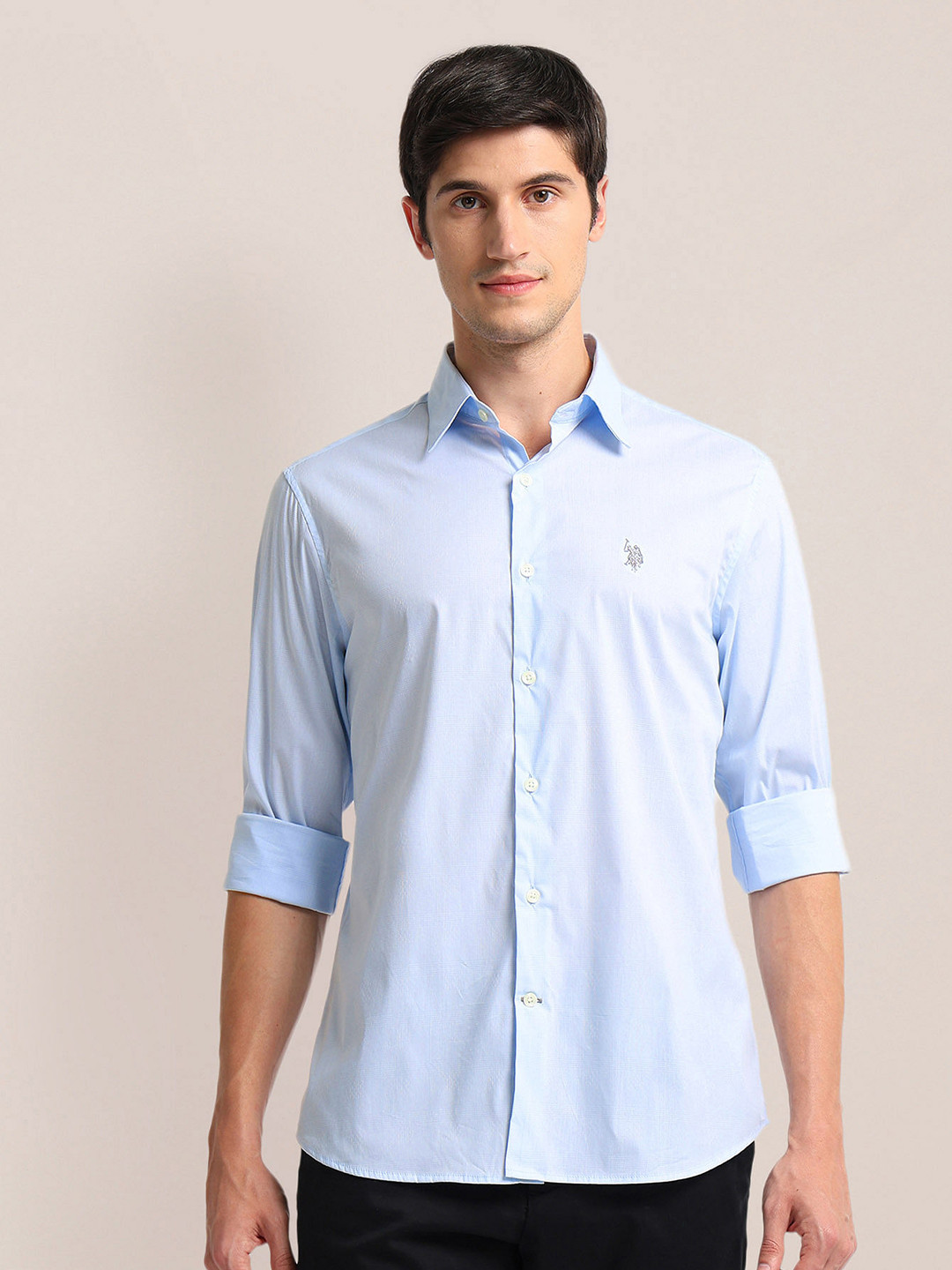 

U.S. Polo Assn. Tailored Fit Checked Spread Collar Shirt, Blue