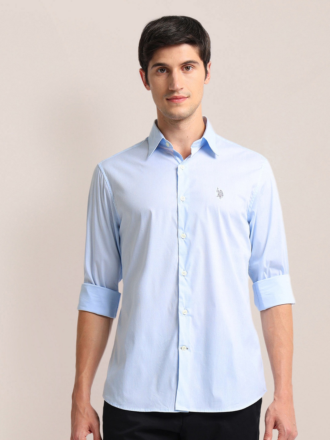 

U.S. Polo Assn. Tailored Fit Checked Spread Collar Shirt, Blue