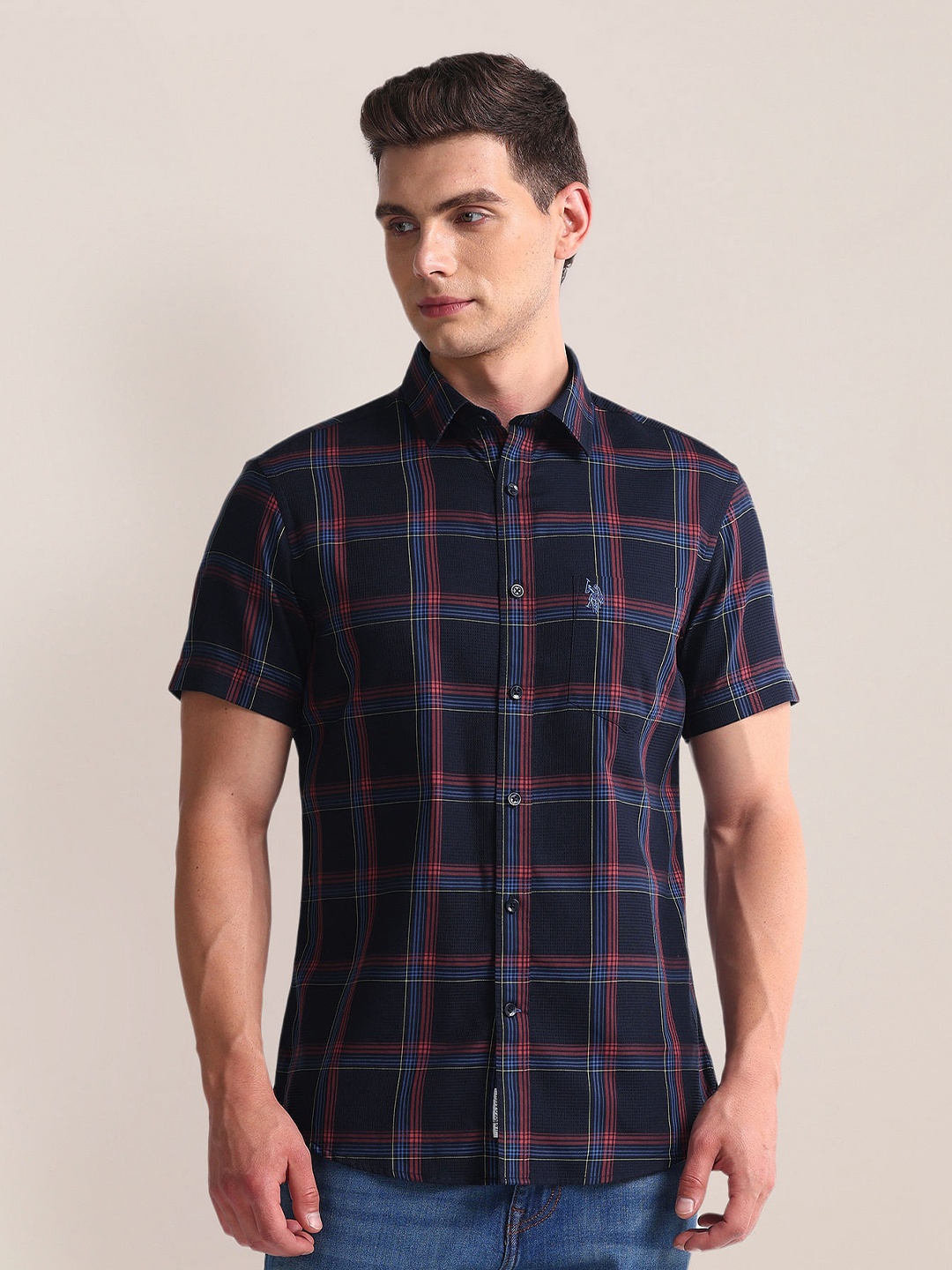 

U.S. Polo Assn. Checked Spread Collar Twill Casual Shirt, Blue