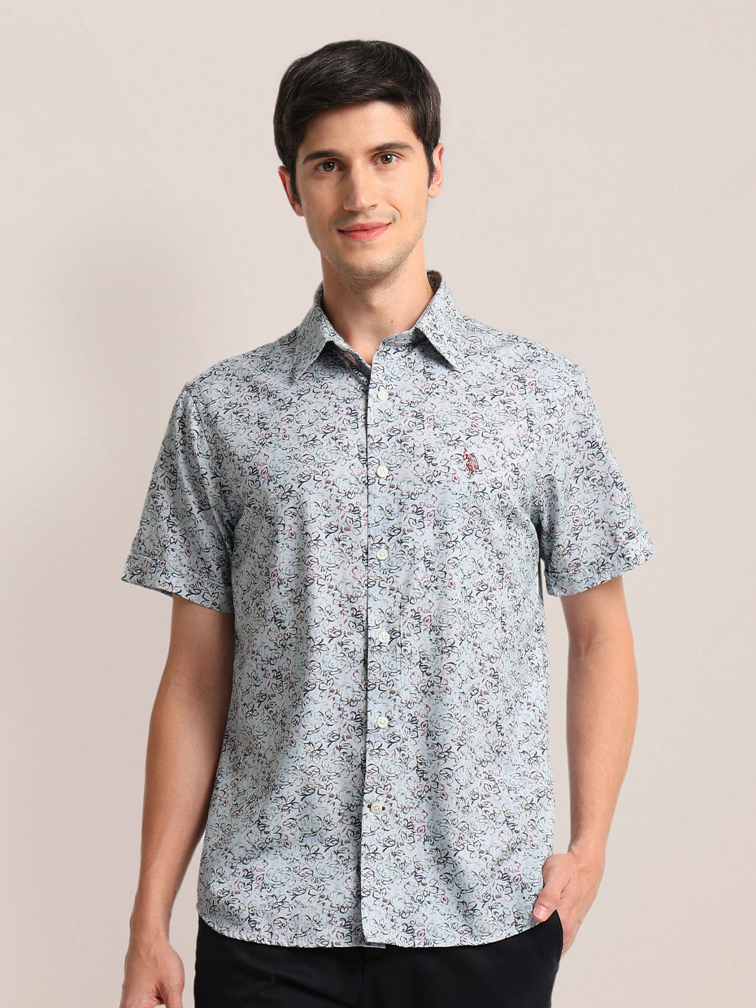 

U.S. Polo Assn. Floral Printed Spread Collar Shirt, Grey