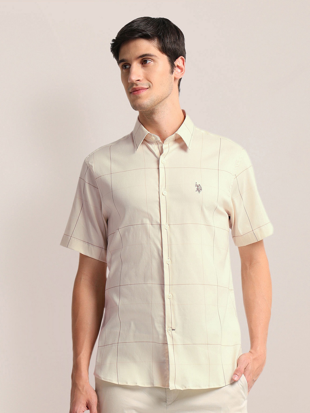 

U.S. Polo Assn. Windowpane Checks Opaque Cotton Casual Shirt, Beige