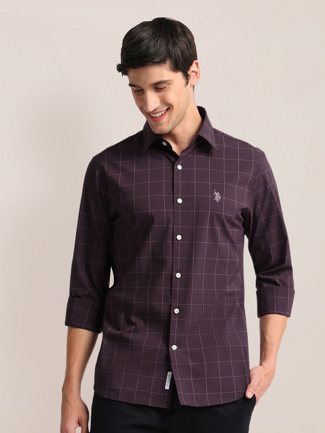 

U.S. Polo Assn. Windowpane Checks Spread Collar Opaque Casual Shirt, Purple