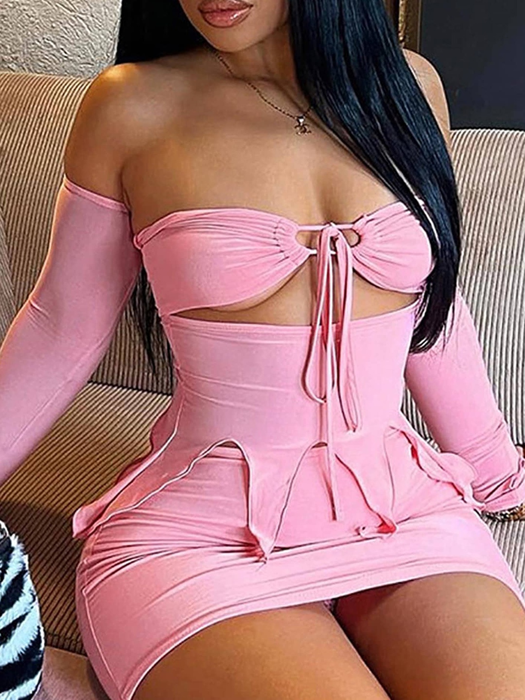 

LULU & SKY Long Sleeve Strapless Off-shoulder Top & Skirt, Pink
