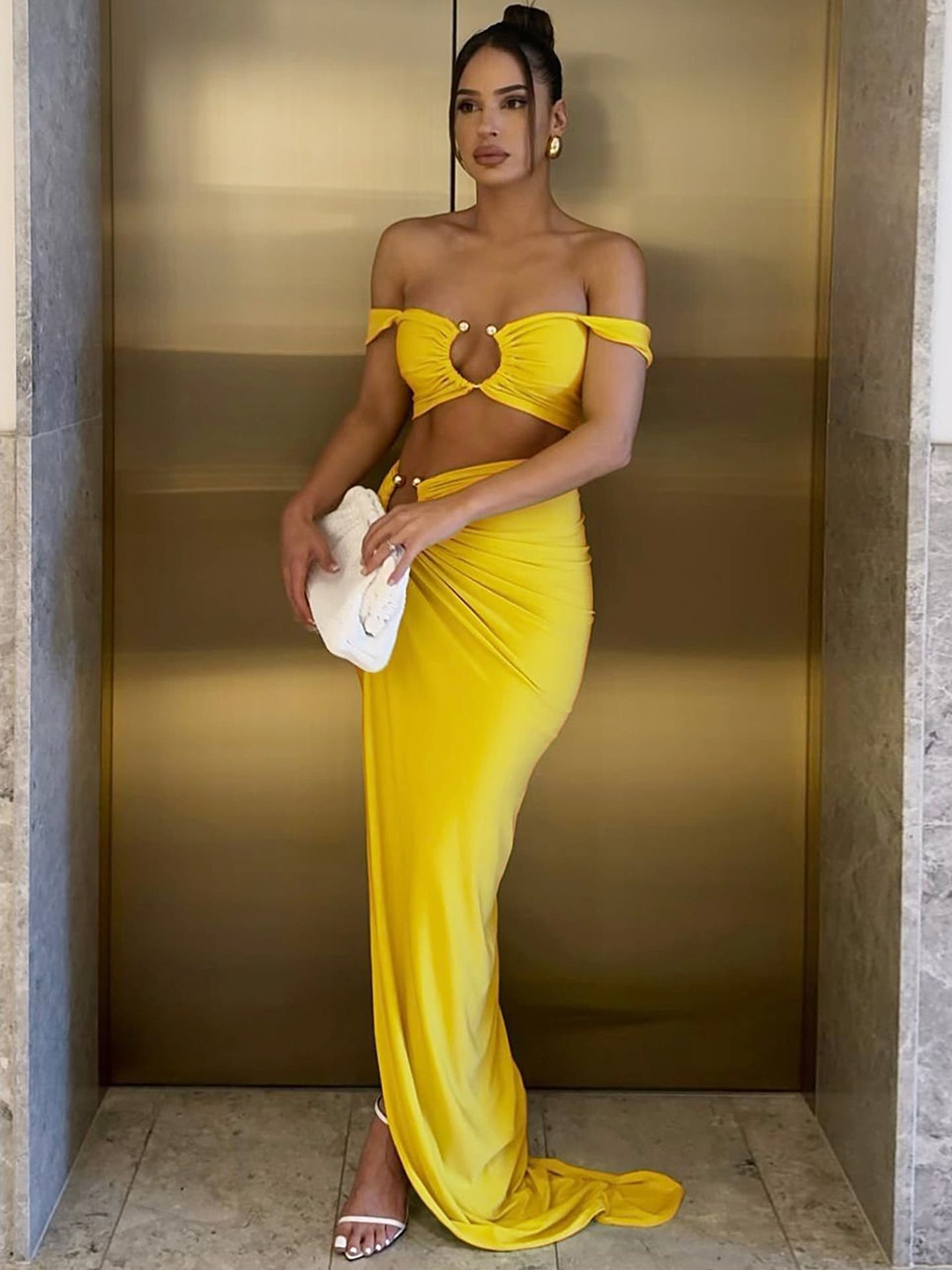 

LULU & SKY Off Shoulder Beachwear Top & Slit Skirts, Yellow