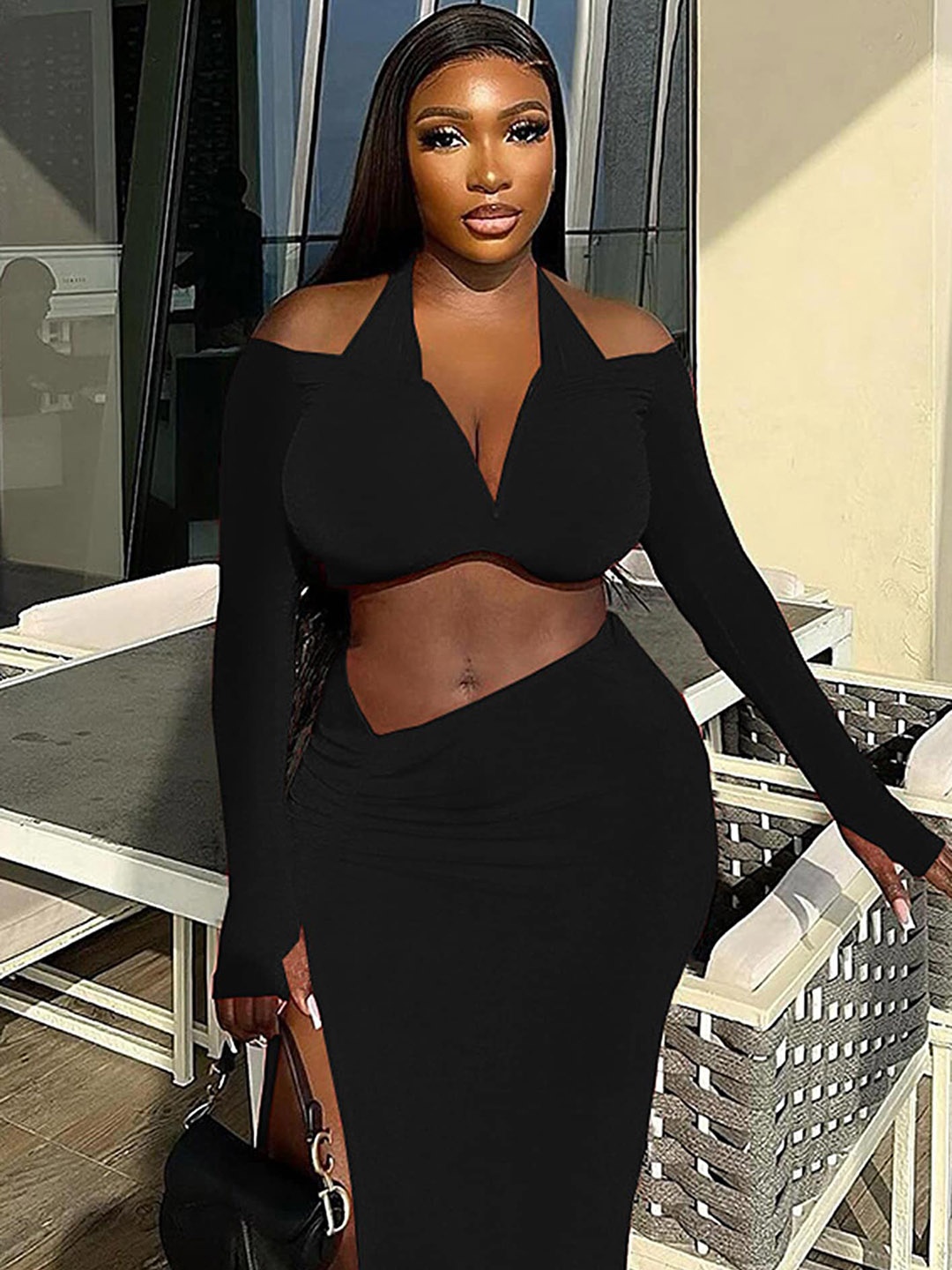 

LULU & SKY Halter Neck Long Sleeved Crop Top & Skirt, Black