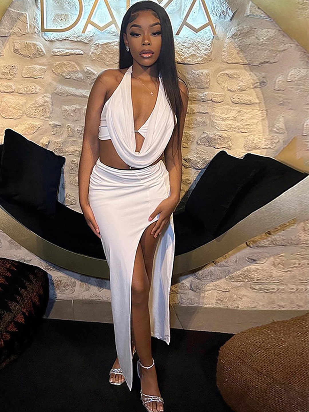 

LULU & SKY Halter Neck Dangling Top & Slit Skirt Co-Ords, Off white