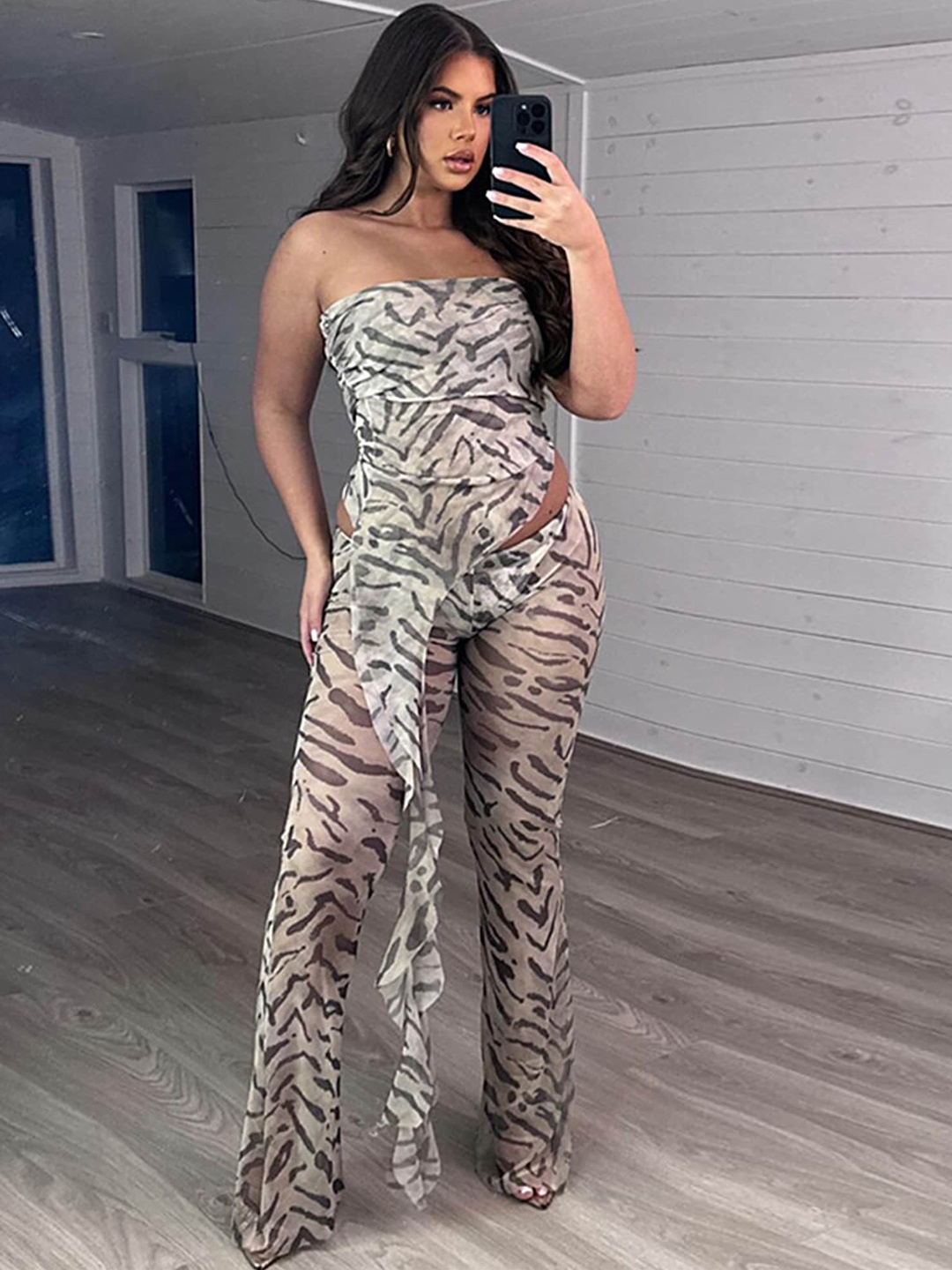 

LULU & SKY Printed Strapless Tube Top With Trousers, Beige