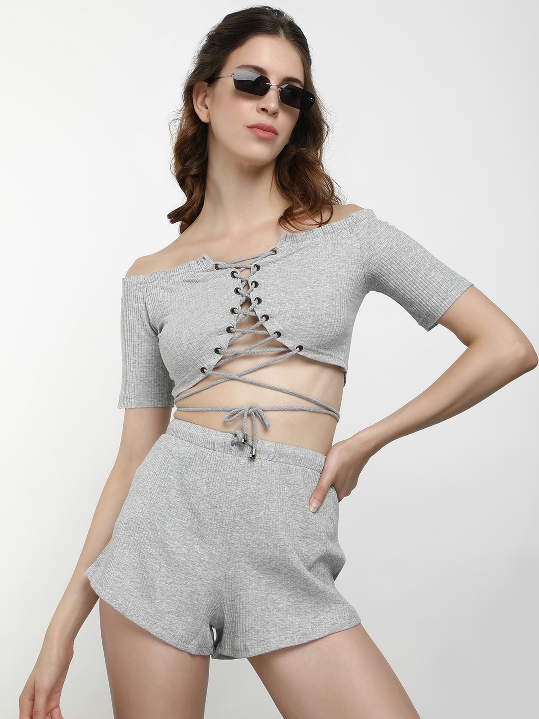 

LULU & SKY Ribbed Front-Tie Top & Shorts Co-Ords, Grey