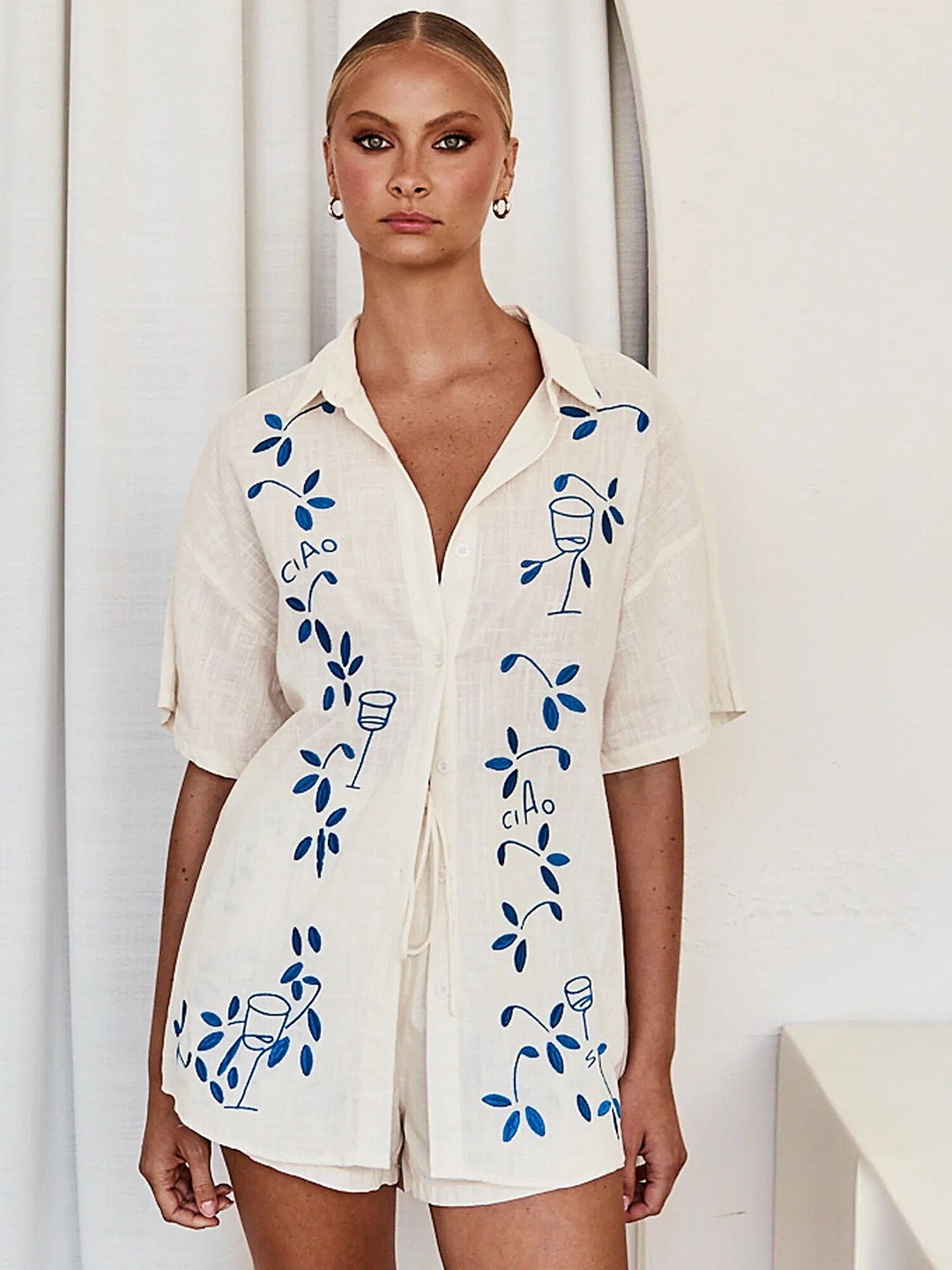 

LULU & SKY Embroidered Shirt Collar Shirt & Shorts, Off white