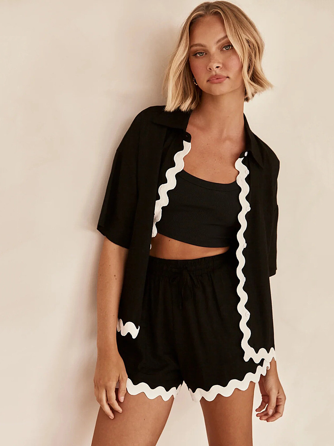 

LULU & SKY Short Sleeved Top With Shirt & Shorts Co-Ords, Black
