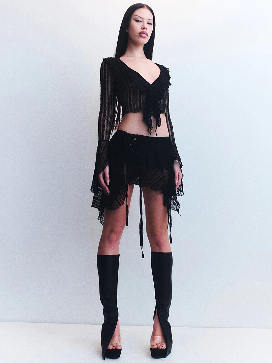 

LULU & SKY V-Neck Crop Top & Skirt, Black