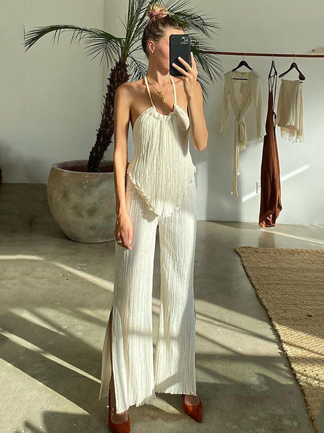 

LULU & SKY Halter Neck Backless Top And Slit Trousers, Beige
