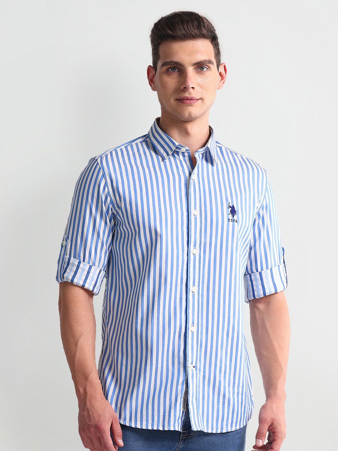 

U.S. Polo Assn. Denim Co. Slim Fit Opaque Striped Casual Shirt, Blue