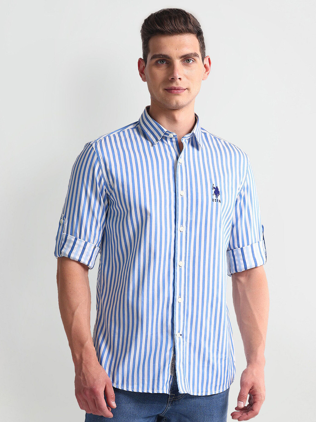 

U.S. Polo Assn. Denim Co. Slim Fit Opaque Vertical Striped Casual Shirt, Blue