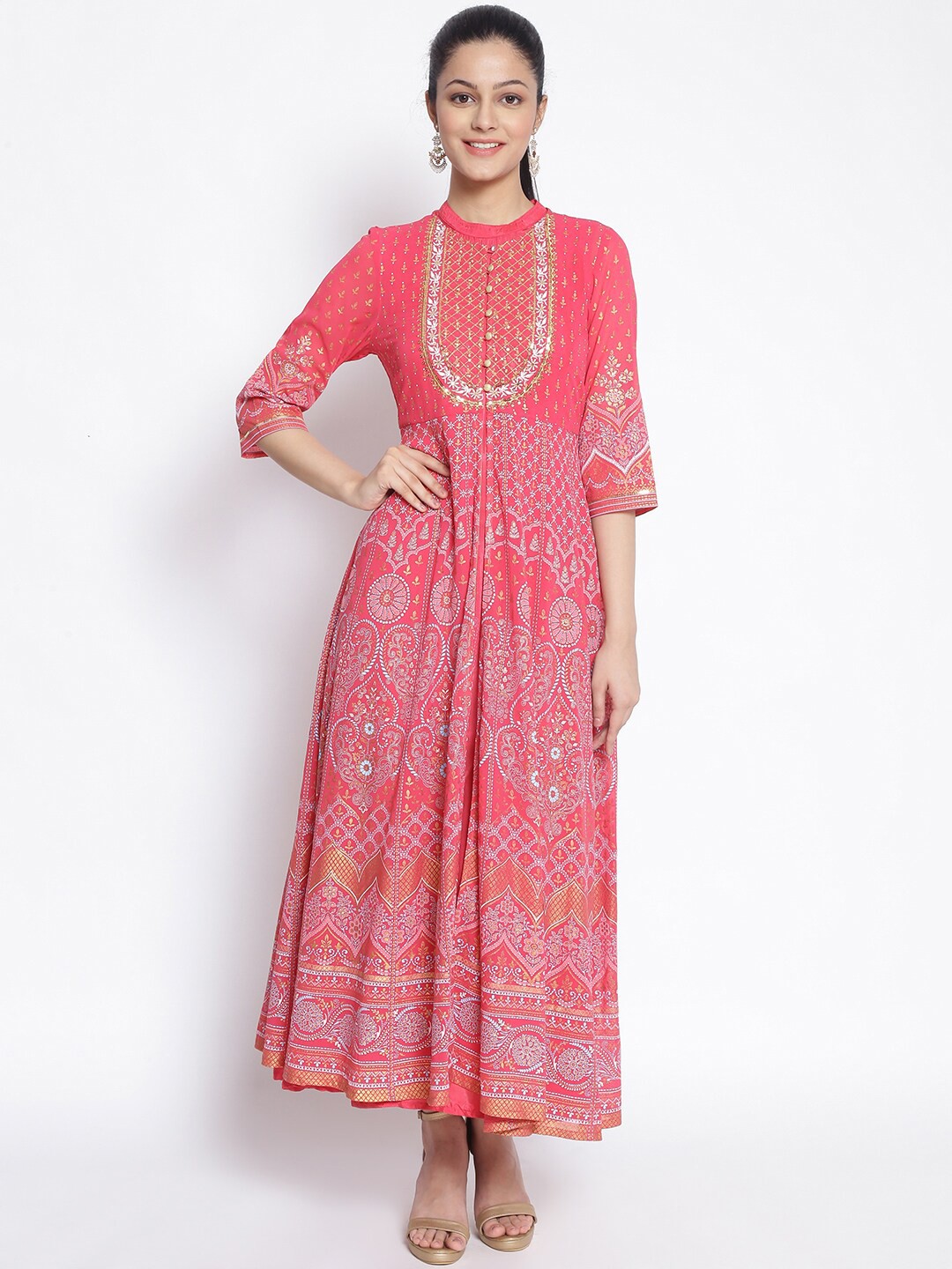 

AURELIA Ethnic Motifs Print Mock Neck Maxi Dress, Pink