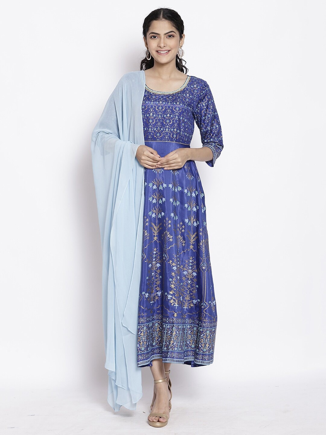 

AURELIA Ethnic Motifs Print Round Neck A-Line Maxi Dress With Dupatta, Blue