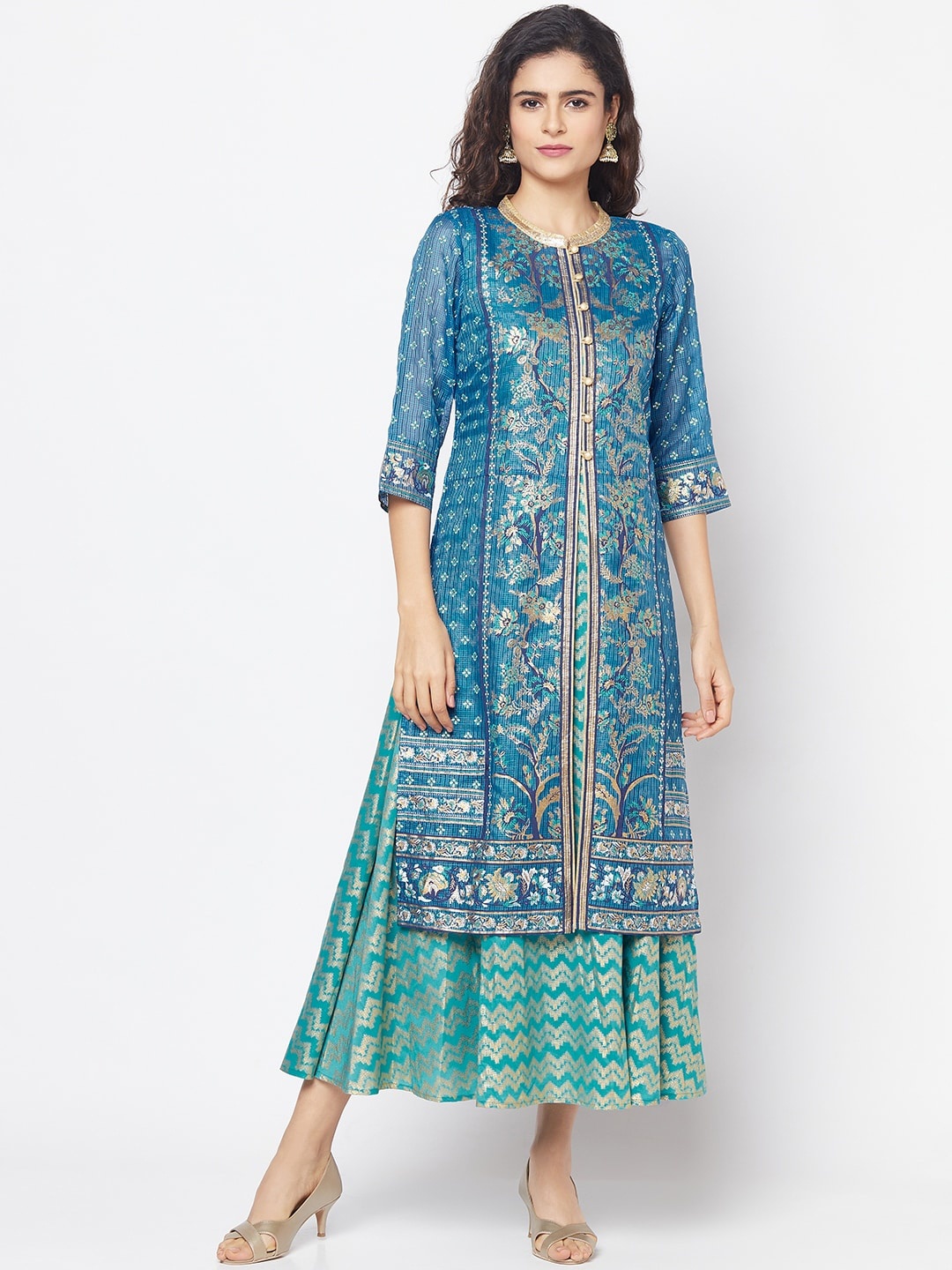 

AURELIA Ethnic Motifs Print Round Neck A-Line Maxi Dress, Blue