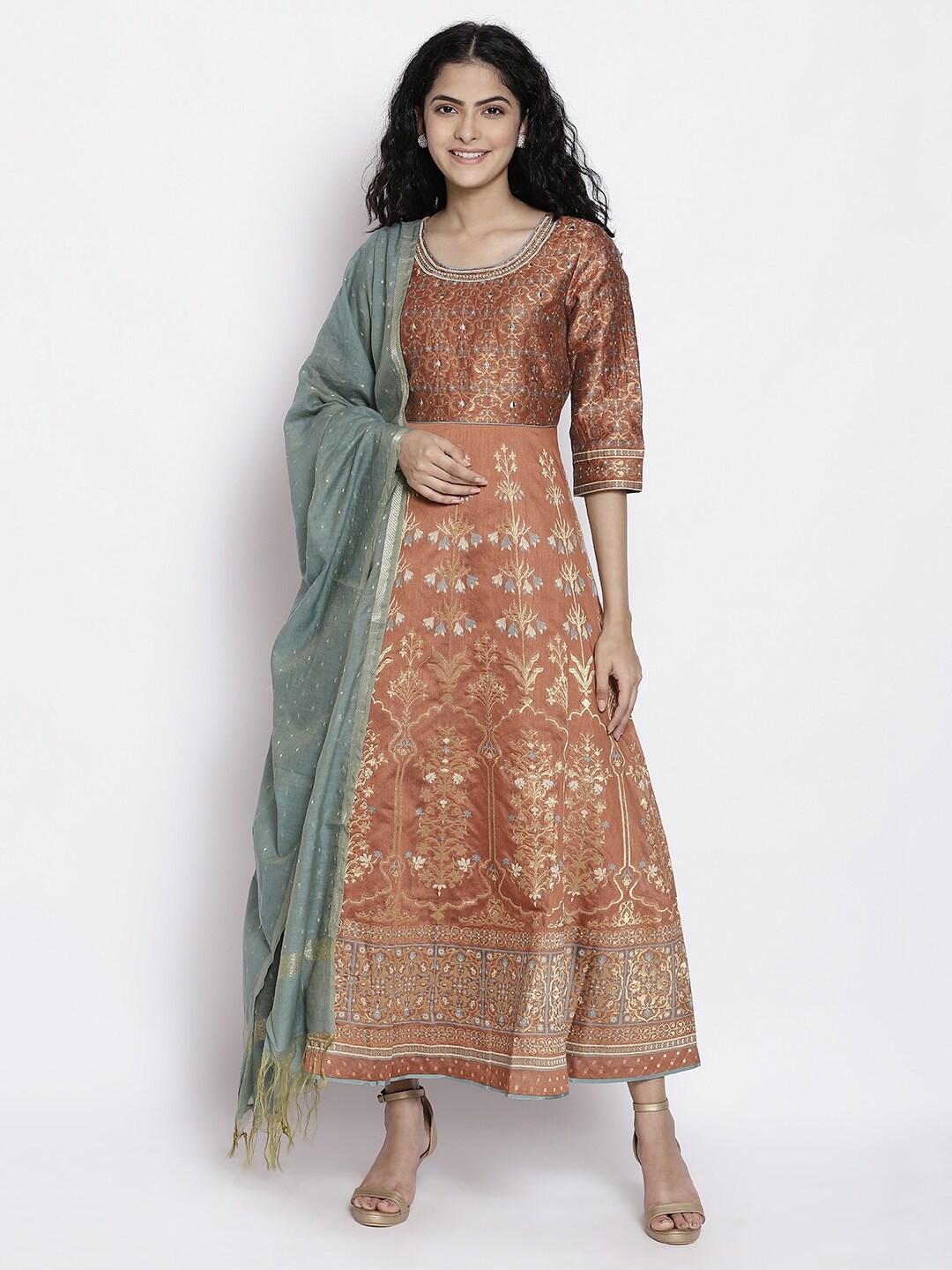 

AURELIA Ethnic Motifs Print Round Neck A-Line Maxi Dress With Dupatta, Brown