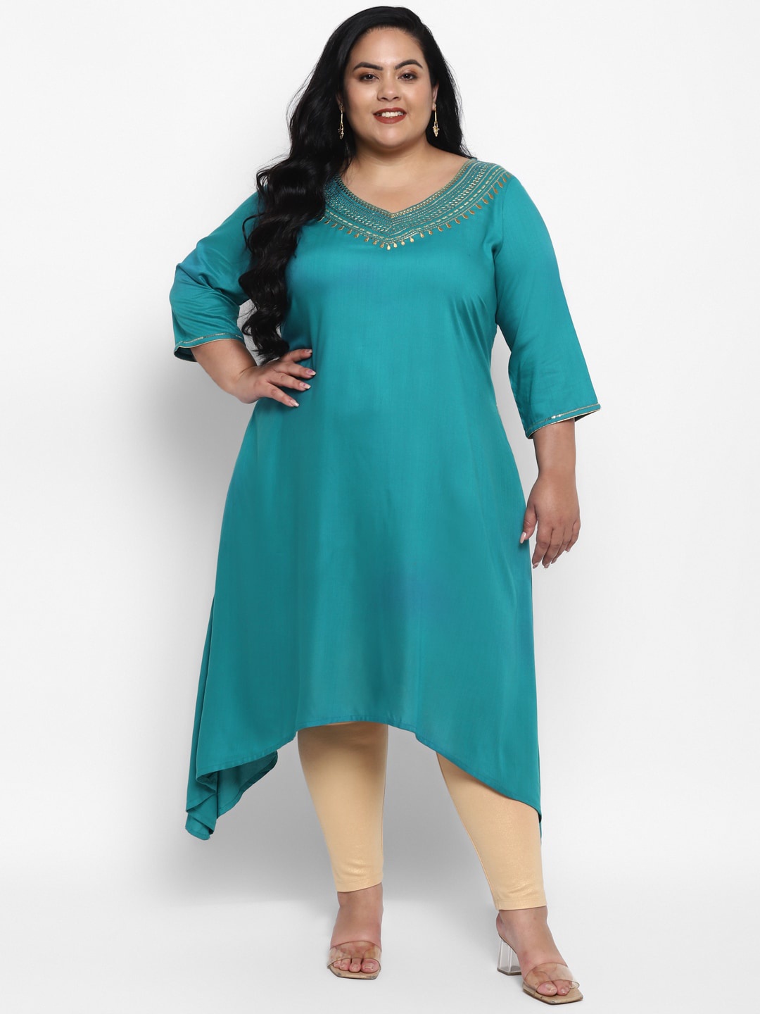 

AURELIA Plus Size Regular Sleeves Gotta Patti Asymmetric A-Line Kurta, Blue