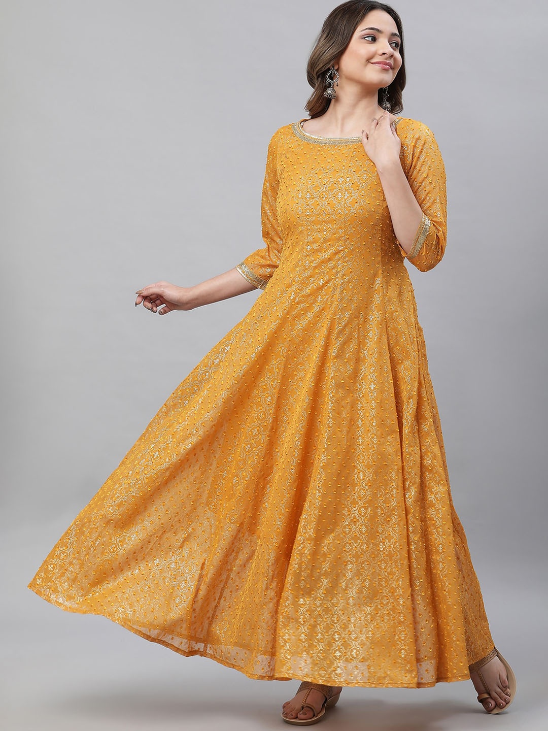 

AURELIA Ethnic Motifs Woven Design Round Neck Anarkali Kurta, Yellow