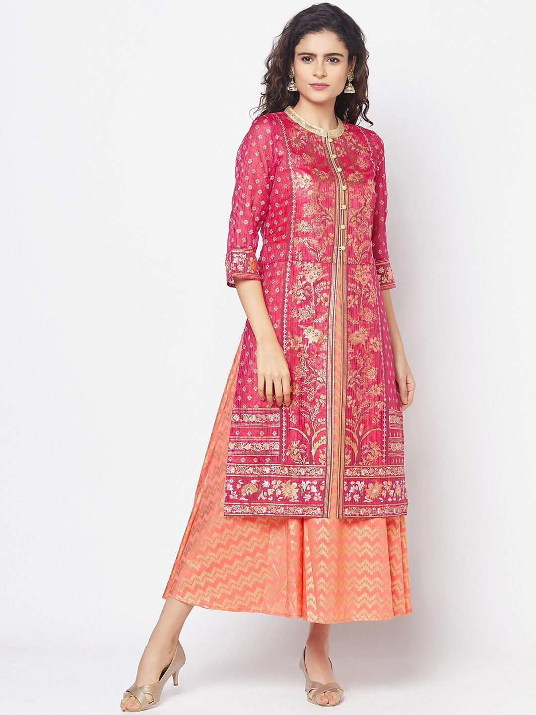 

AURELIA Ethnic Motifs Print Round Neck A-Line Maxi Dress, Pink