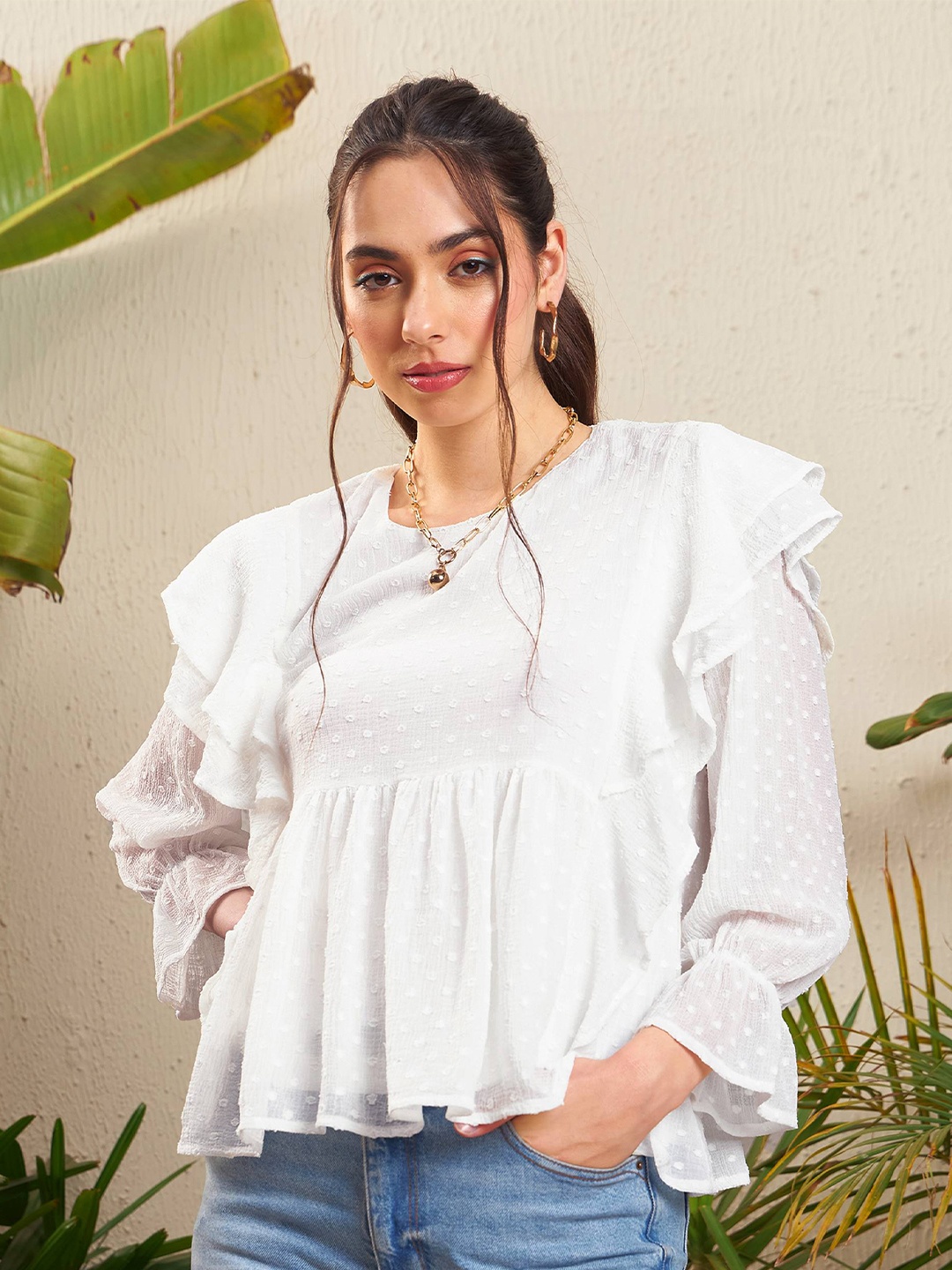 

SASSAFRAS White Self Design Ruffled Bell Sleeve Peplum Top