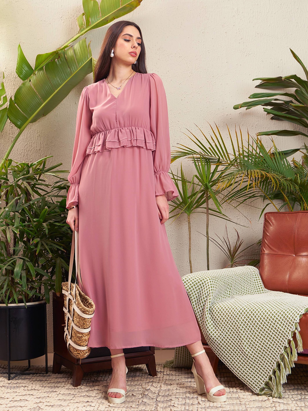 

SASSAFRAS Pink Bell Sleeves Georgette Peplum Maxi Dress