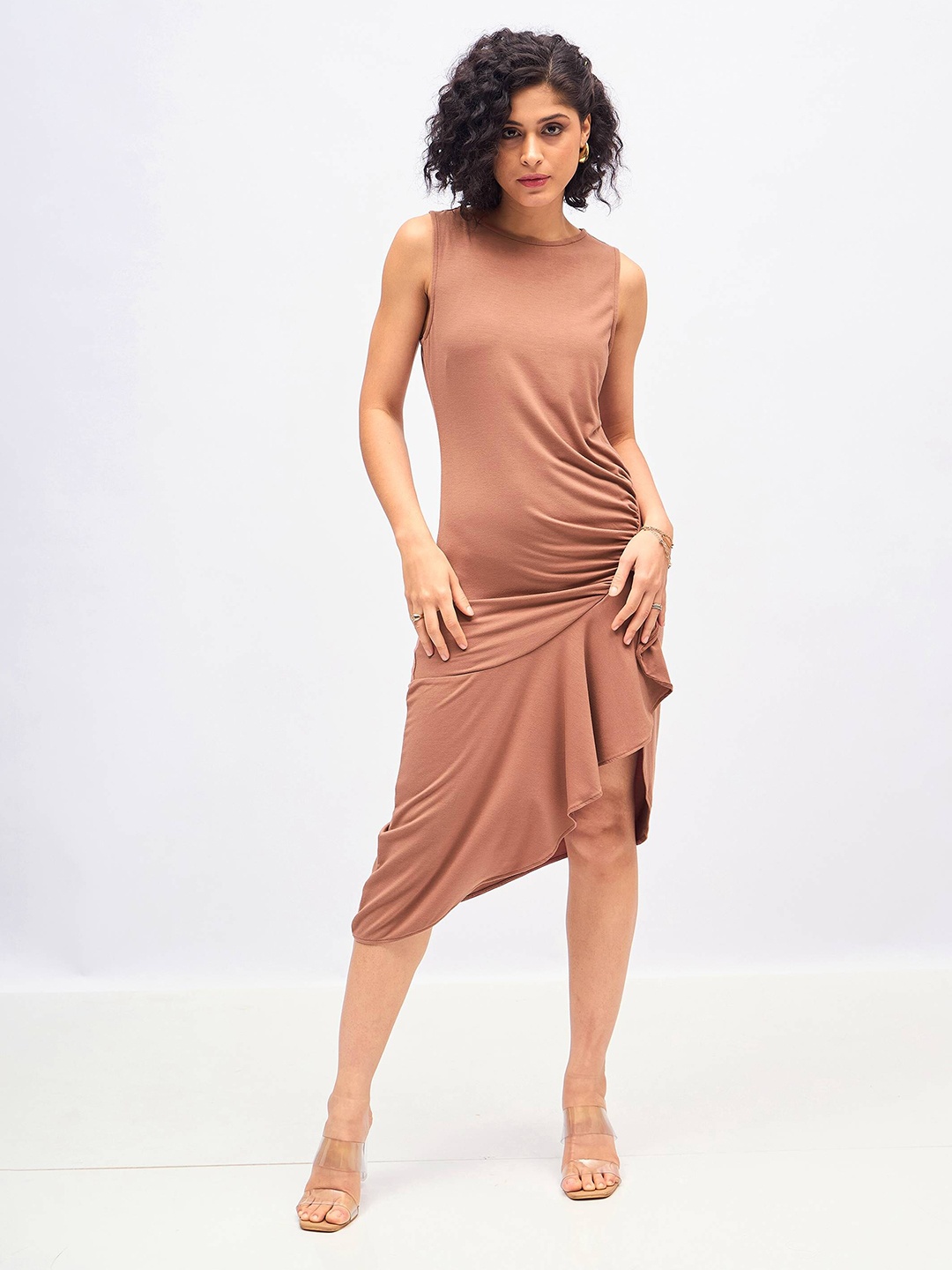 

SASSAFRAS Brown Ruffled Asymmetric Sheath Midi Dress