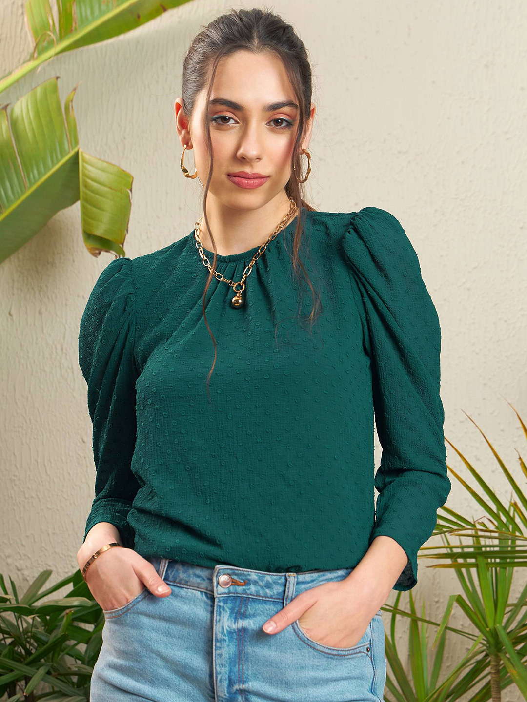 

SASSAFRAS Dobby Puff Sleeves Regular Top, Navy blue