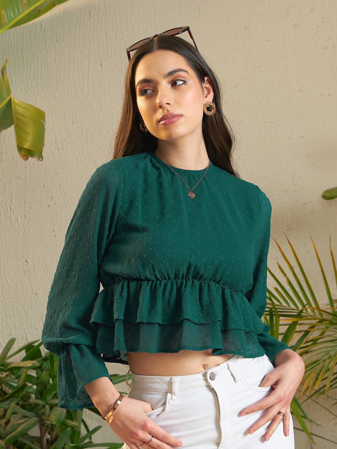

SASSAFRAS Green Self Design Bell Sleeve Peplum Top