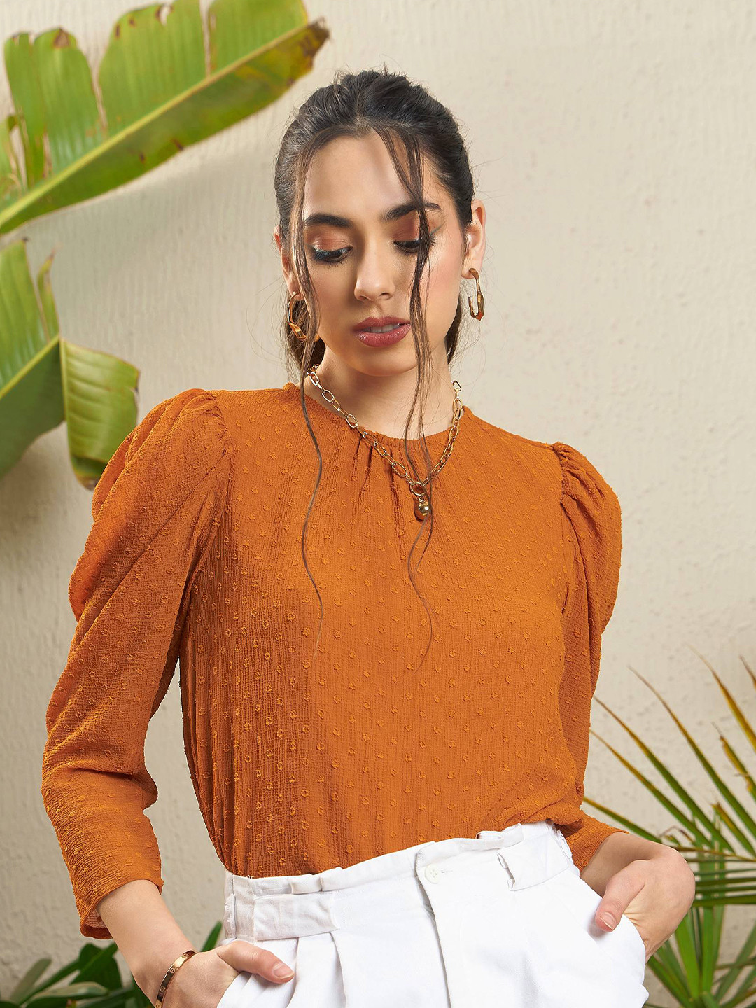 

SASSAFRAS Rust Self Design Puff Sleeve Top