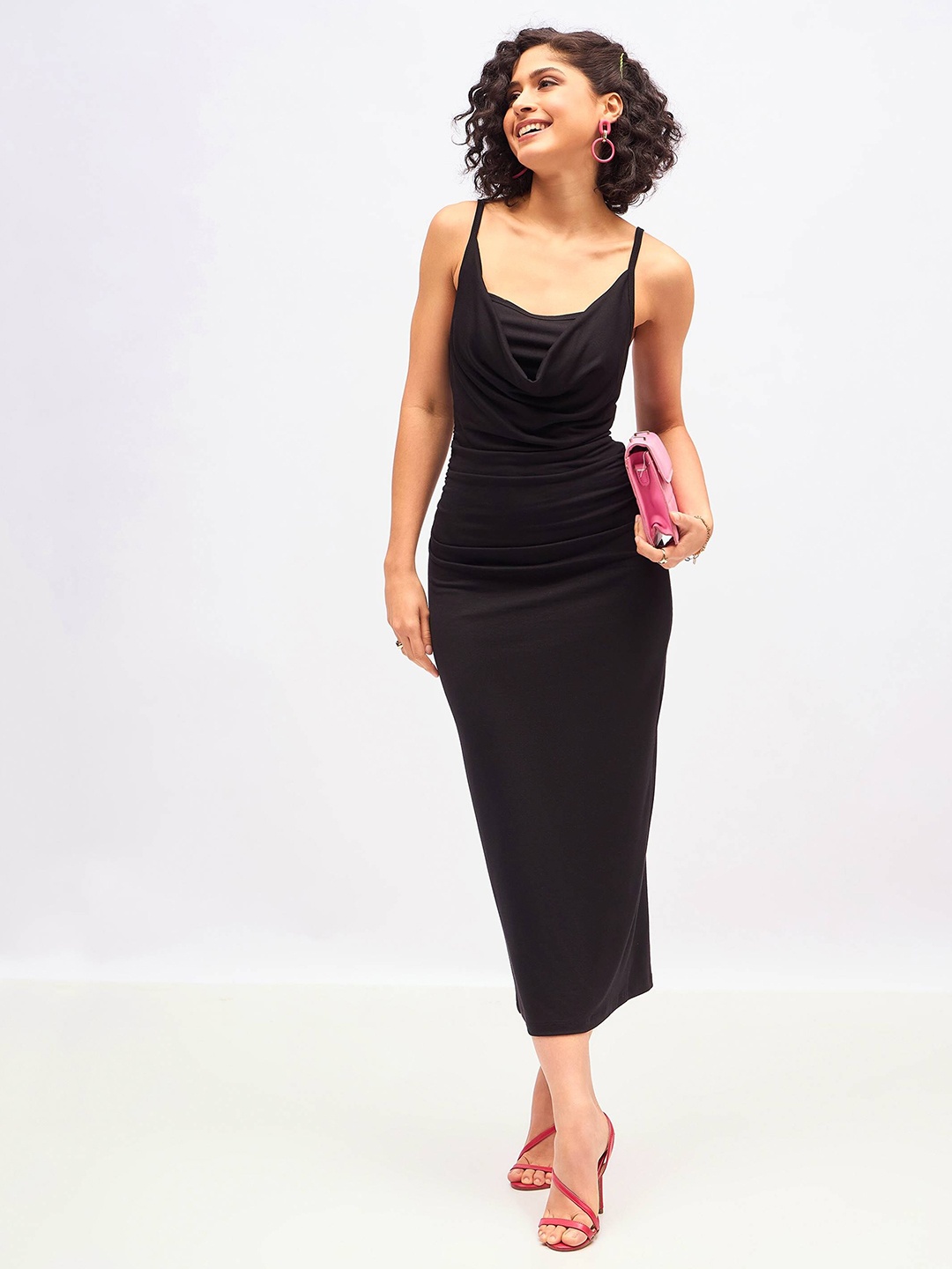 

SASSAFRAS Black Cowl Neck Sheath Midi Dress