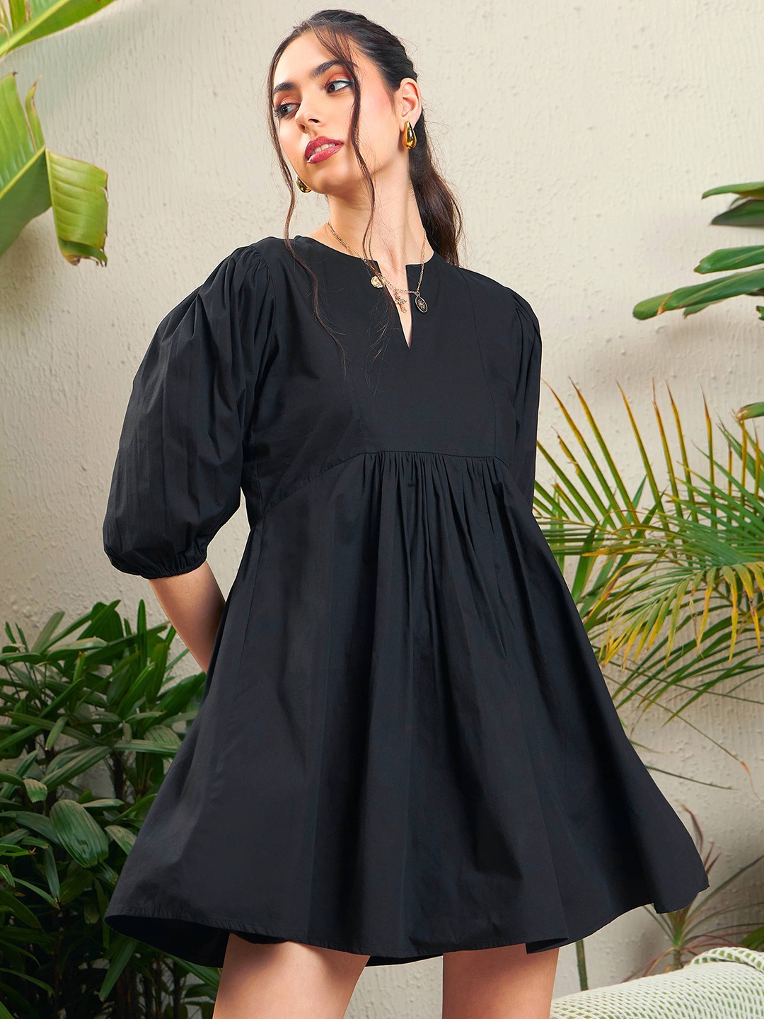 

SASSAFRAS Black Puff Sleeve Pure Cotton Fit & Flare Dress