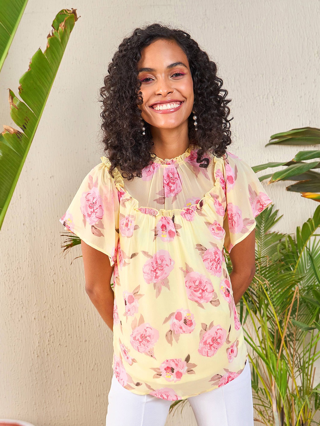 

SASSAFRAS Yellow Floral Printed High Neck Flutter Sleeve Georgette Top