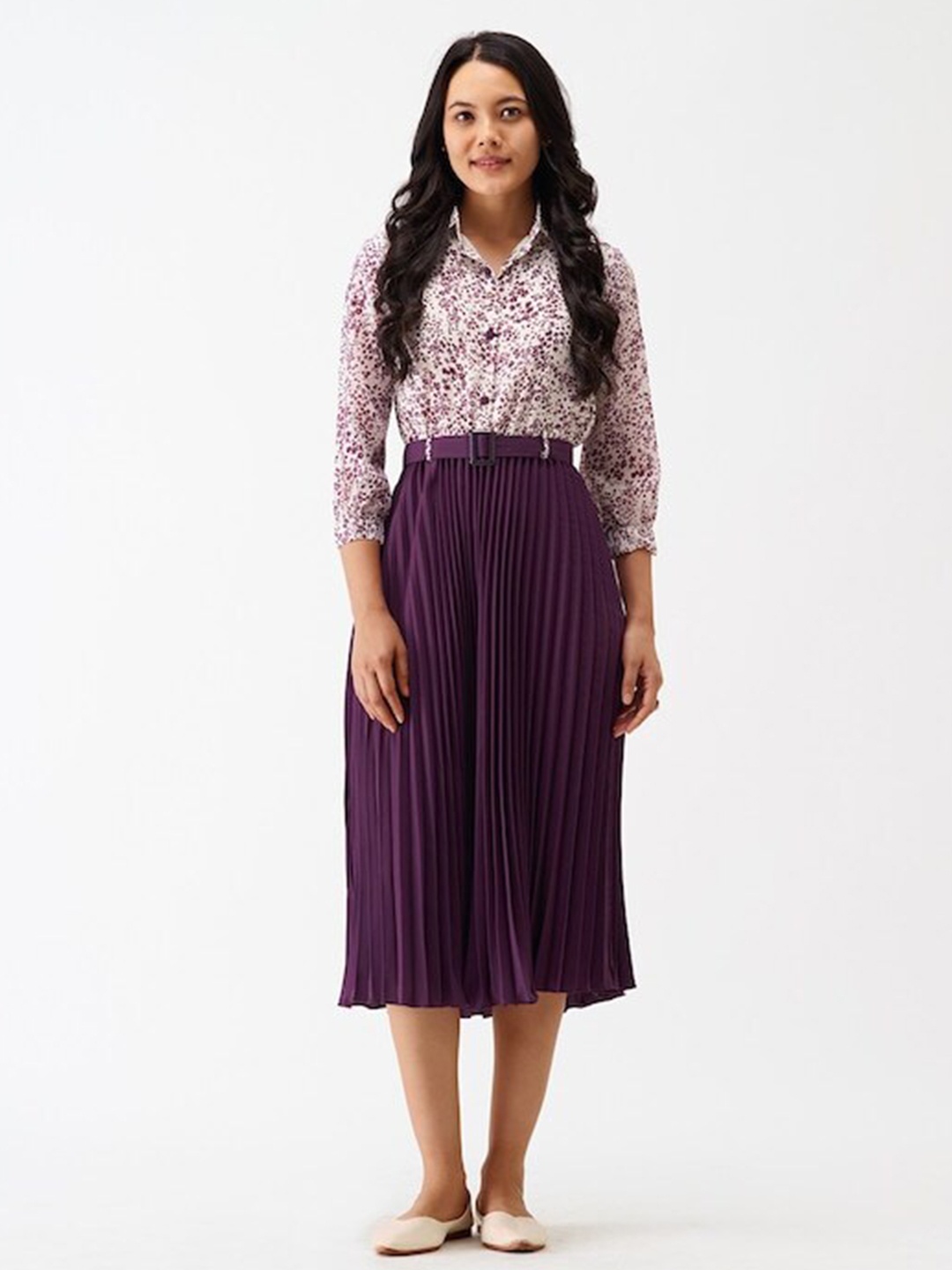 

BAESD Floral Print Shirt Collar Crepe Fit & Flare Midi Dress, Purple