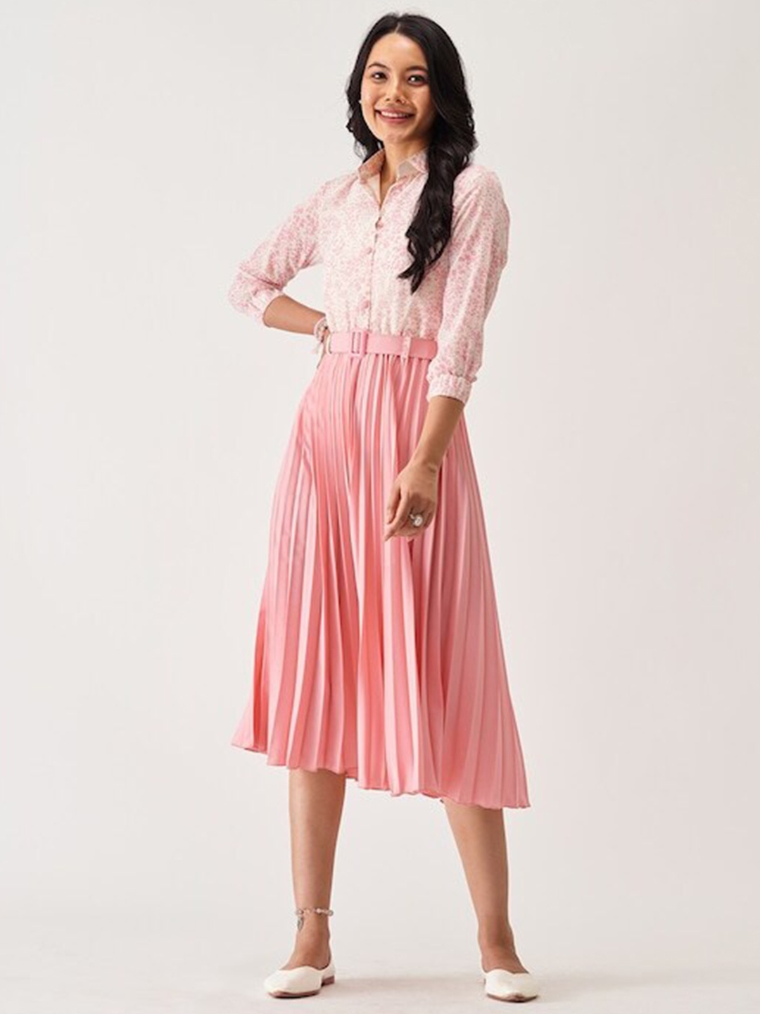 

BAESD Shirt Collar Striped Crepe Fit & Flare Midi Dress, Pink