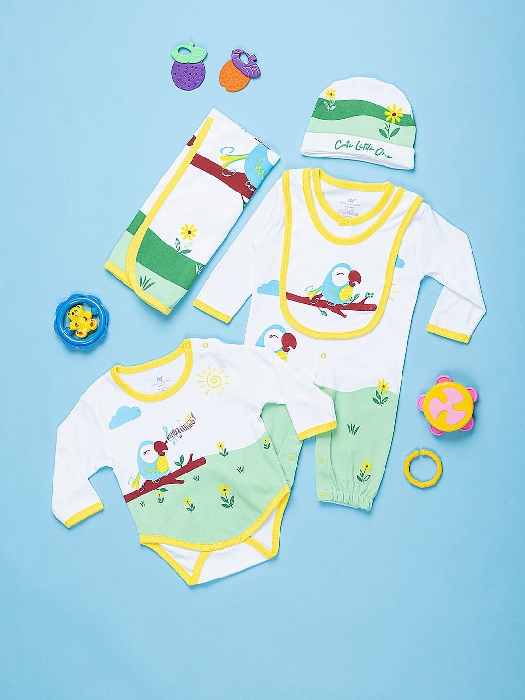 

Purple United Kids Infants Pack Of 5 Printed Cotton Baby Apparel Gift Set, Yellow