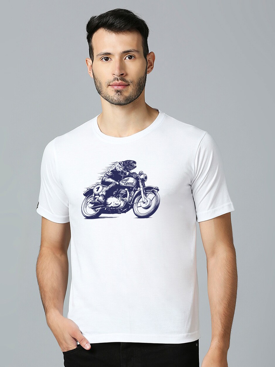 

MOD ECRU Biker Graphic Printed Round Neck Cotton T shirt, White