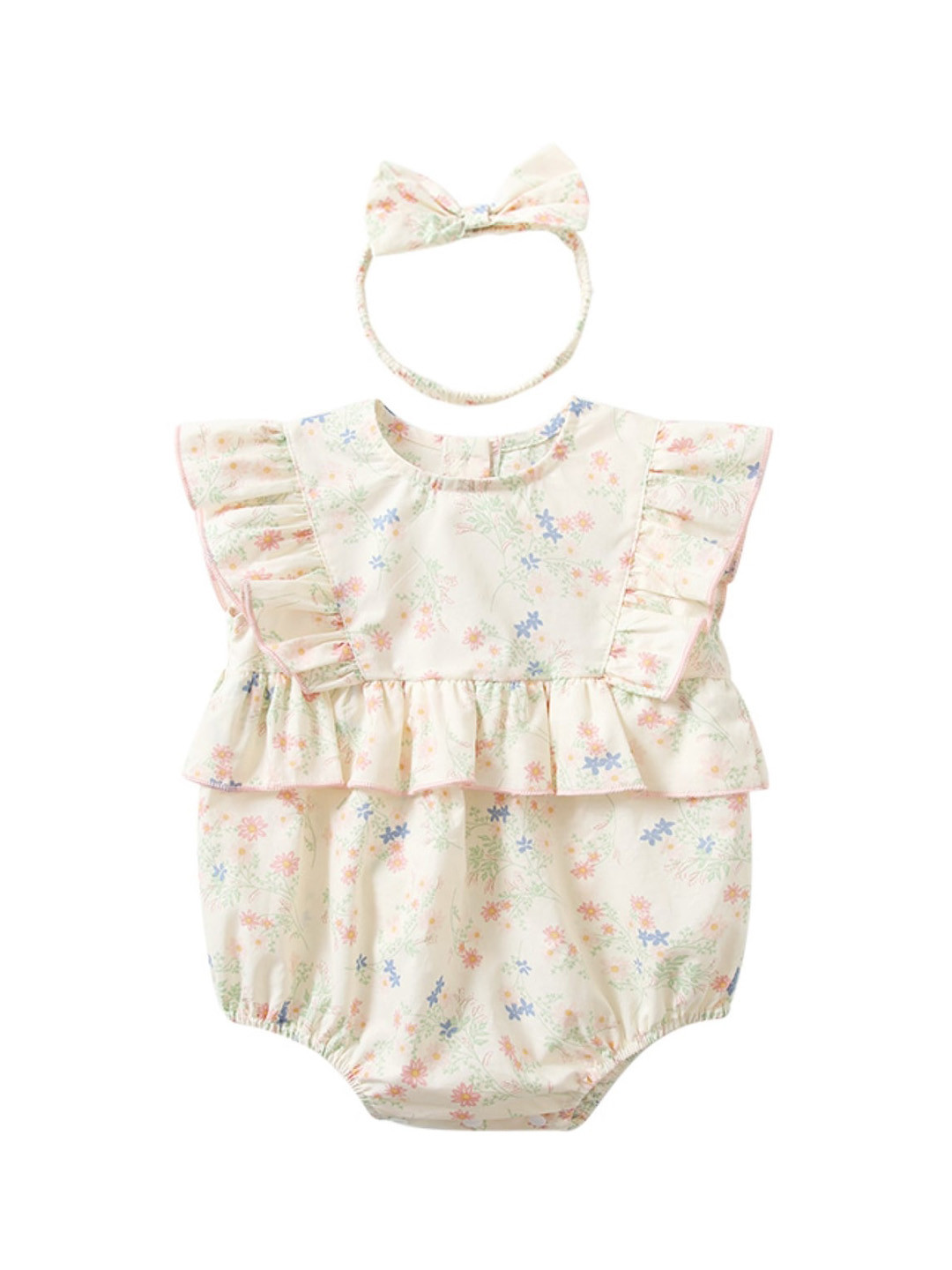 

StyleCast Infants Girls Cream Coloured Floral Printed Pure Cotton Romper with Headband