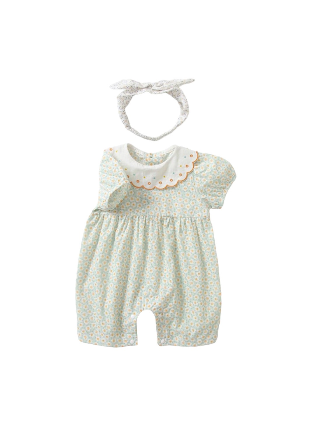 

StyleCast Infant Girls Green Printed Pure Cotton Romper With Headband